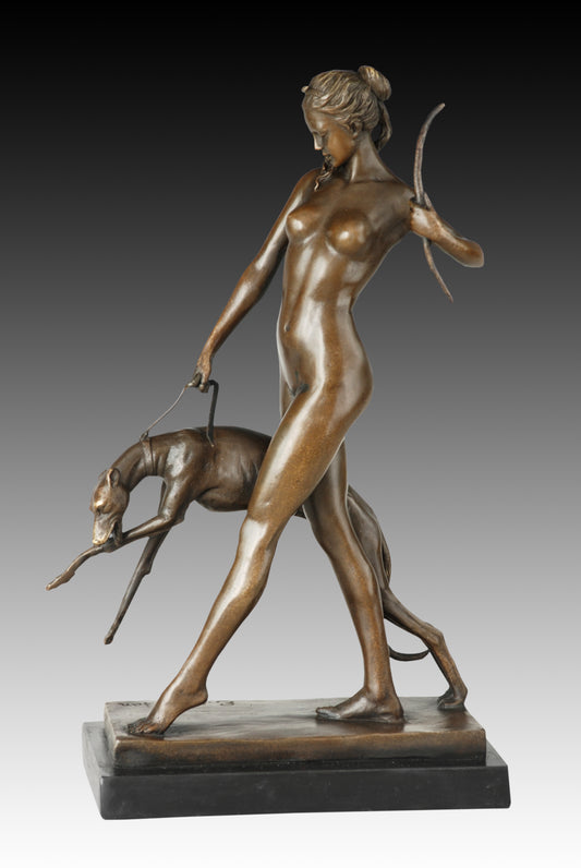 American Classic Sculpture - Girl with Dog, Vintage Bronze Sculptures, Bronze Sculpture Art Deco, Home Decor Statue
